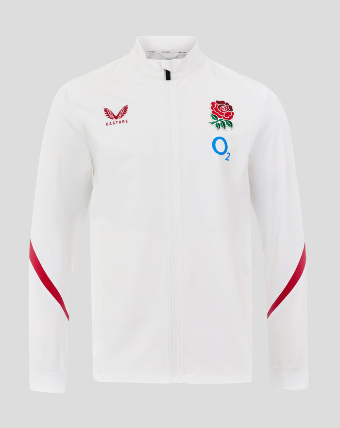 White England Rugby Long Sleeve Anthem Jacket front showing rose crest O2 and Castore logos