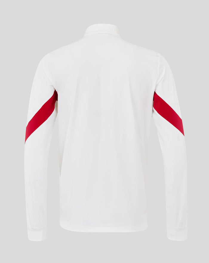 Rear view of white England Rugby Long Sleeve Anthem Jacket with red chevron sleeve accents