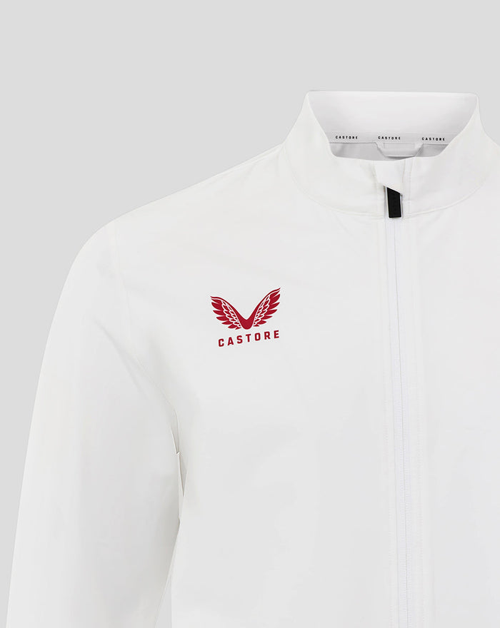 White England Rugby Anthem jacket close up showing collar and chest with Castore logo