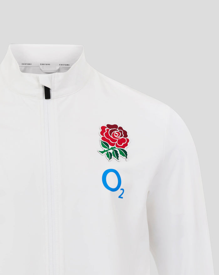 White England Rugby Anthem jacket close up showing rose crest and logos