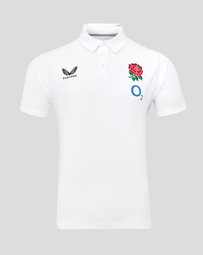 Front view of white England Rugby Travel Polo with red rose crest on left chest Castore branding on the opposite chest and O2 logo.