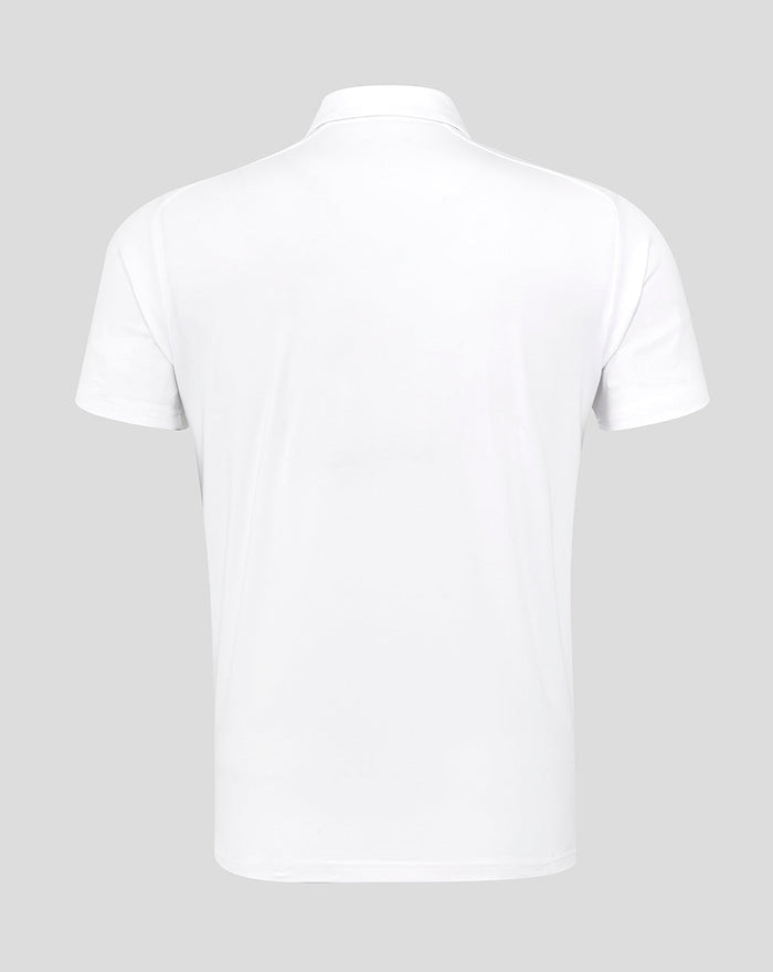 Back view of white England Rugby Travel Polo showing a clean plain back and short sleeves.
