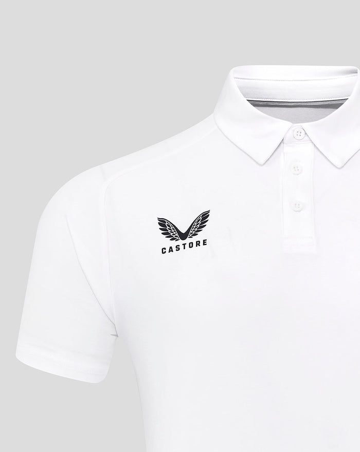 White short sleeve polo with classic collar and three button placket featuring a black Castore logo on the chest