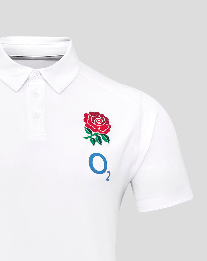 Close-up of white England Rugby Travel Polo showing red rose crest on left chest and blue O2 logo.
