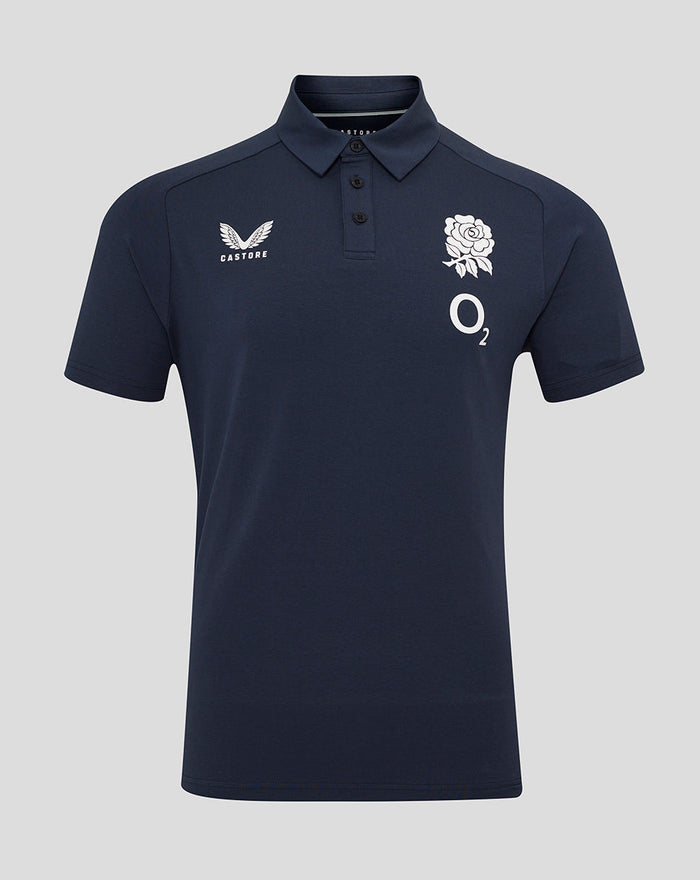 Navy England Rugby travel polo with white rose crest on chest and Castore branding