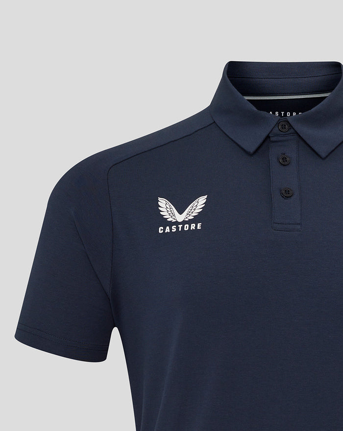 Men's England Rugby Travel Polo in navy with club crest on left chest and Castore logo on right