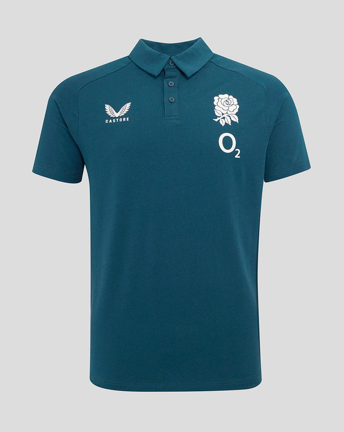 Men's England Rugby Travel Polo in teal with left chest crest and Castore branding on right