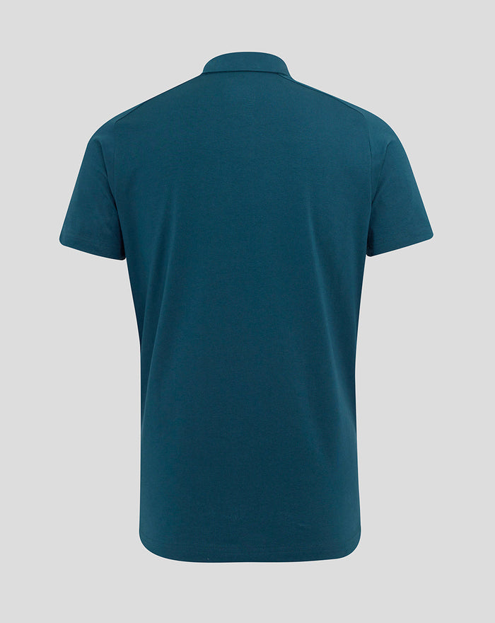 Back view of teal Women's England Rugby Travel Polo Reflecting Pond displaying tidy silhouette and collar