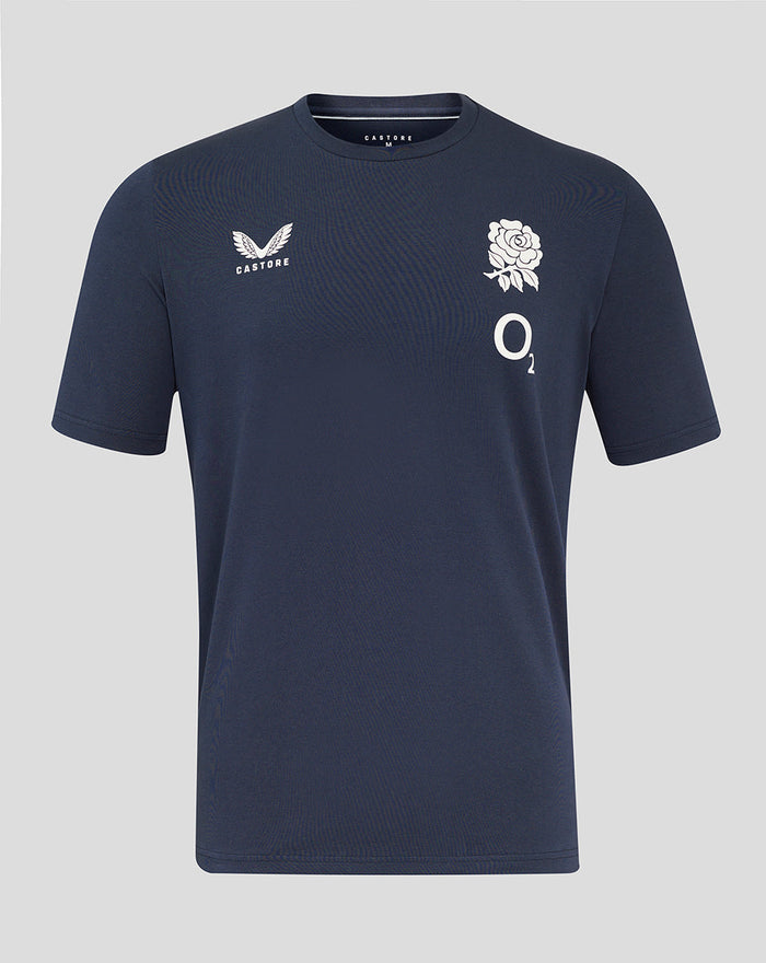 Navy England Rugby travel short sleeve tee with round neck showing rose crest on left chest and Castore logo on right