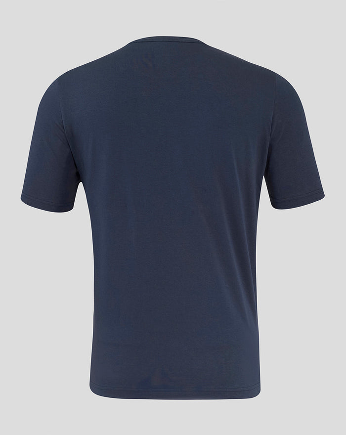 Back view of navy England Rugby travel short sleeve tee with round neck and plain back