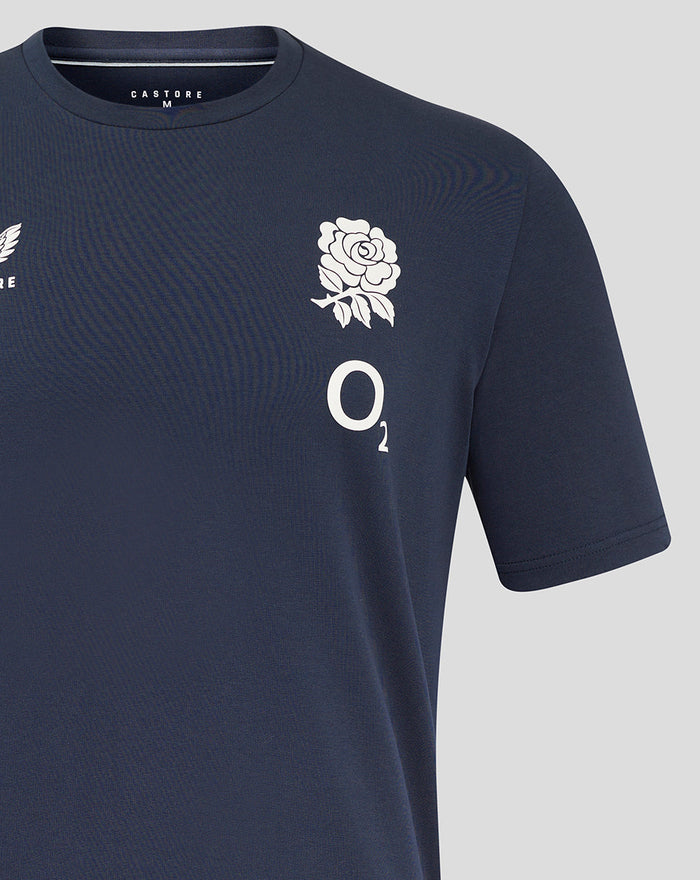 Navy England Rugby Travel Short Sleeve Tee with rose crest on chest and Castore branding