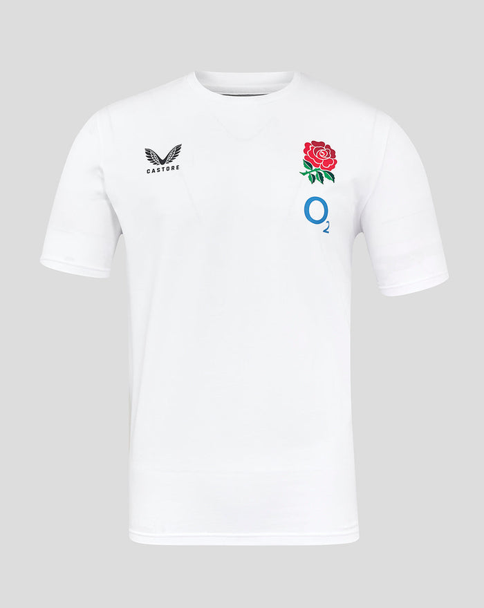 Brilliant white England Rugby travel short sleeve tee with rose crest on left chest and Castore logo on right chest