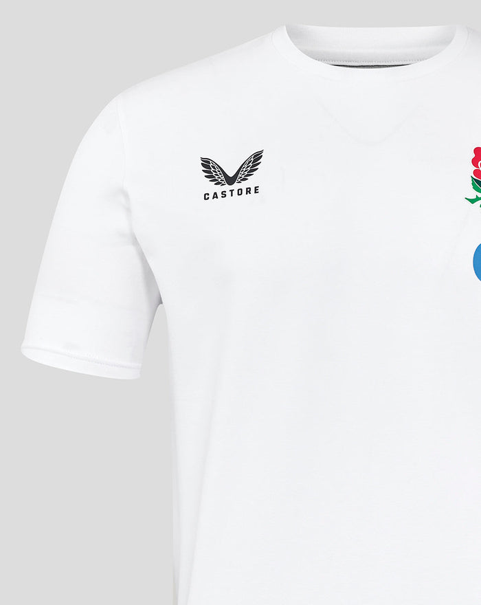 Front view of white England Rugby Travel Short Sleeve Tee with Castore logo on chest and rose crest