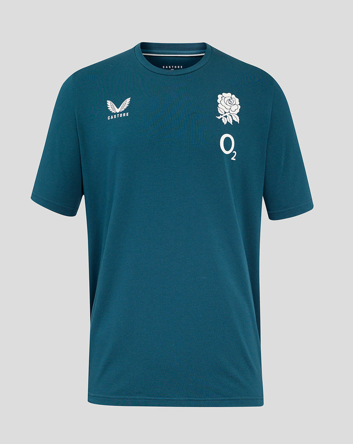 Front view of teal England Rugby Travel Tee with rose crest left chest and O2 logo on right chest