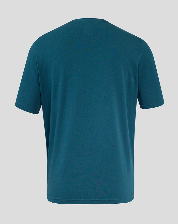 Front view of teal England Rugby Travel Tee featuring rose crest left chest and Castore logo right chest