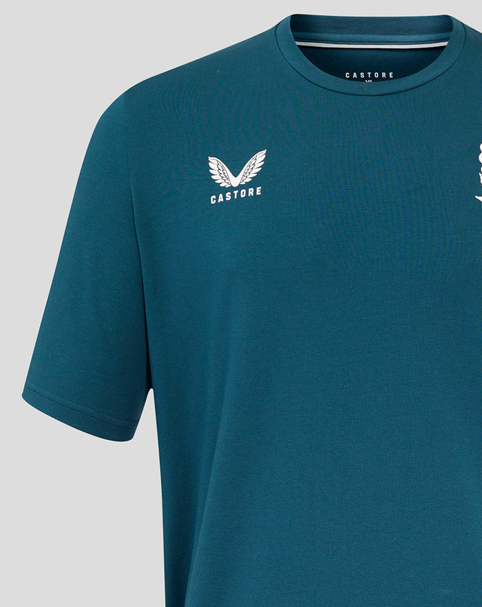 Back view of teal Reflecting Pond England Rugby Travel Tee with plain back and short sleeves