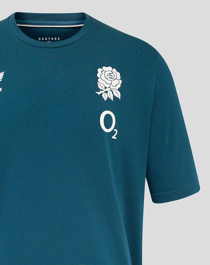 Teal England Rugby travel tee with white rose crest on left chest and Castore logo on right chest