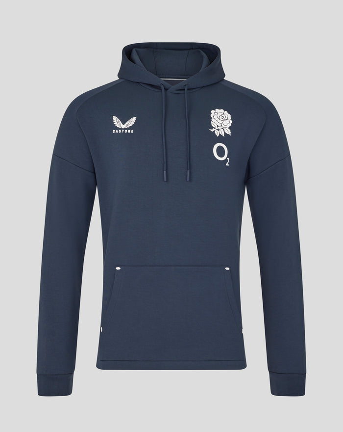 Front view of navy England Rugby Travel Overhead Hoodie with white Castore wings on the left chest and a rose with the O2 logo on the right chest