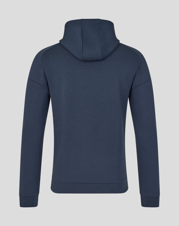 Front view of navy England Rugby Travel Overhead Hoodie showing a large white rose graphic on the chest and the O2 logo partially visible