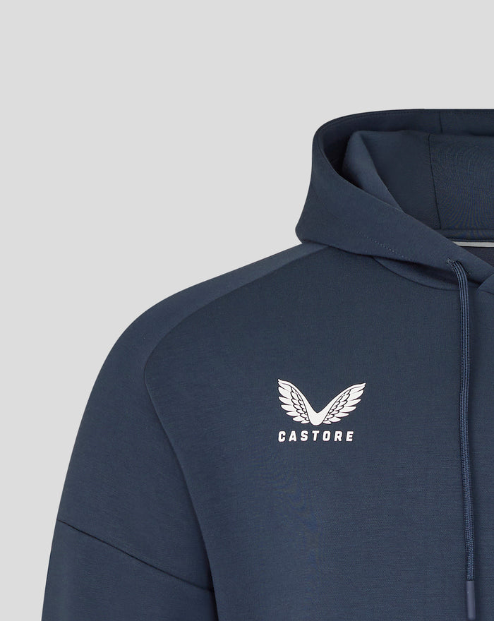 Navy England Rugby Travel Overhead Hoodie O2 Inkwell close up of hood and chest logo