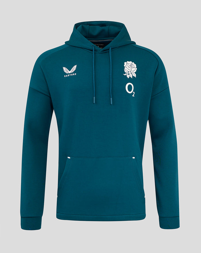 Teal England Rugby Travel Overhead Hoodie O2 Reflecting Pond front view with white rose crest and Castore logo