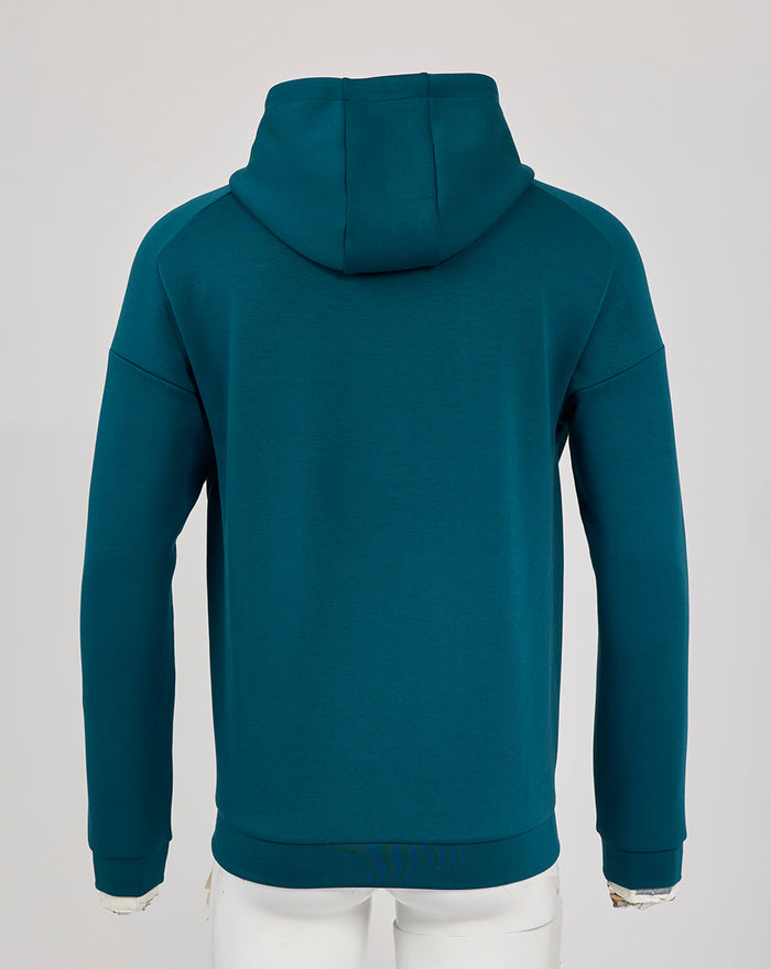 Teal England Rugby Travel Overhead Hoodie Reflecting Pond back view with hood up on a mannequin