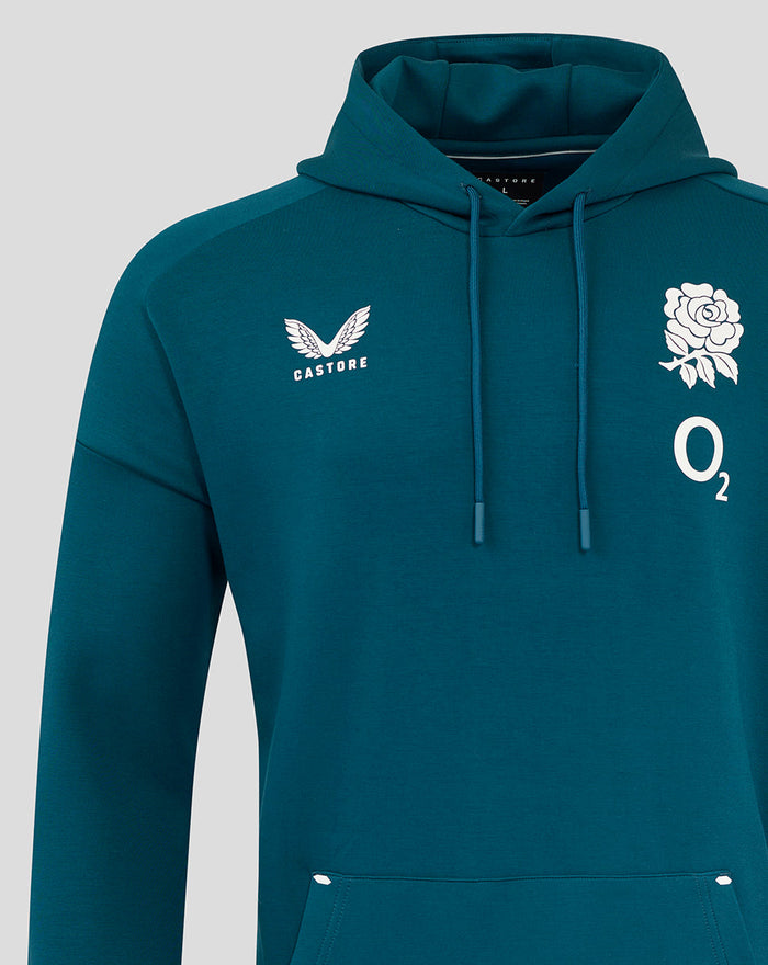 Teal England Rugby travel hoodie with Castore wings logo on the left chest and a rose with O2 on the right.