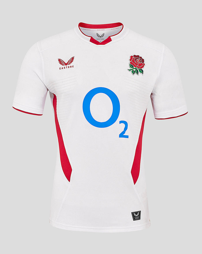 White England Rugby Home Pro Short Sleeve Shirt with large blue O2 logo and rose crest on chest