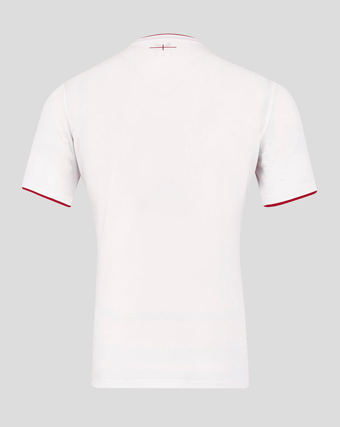 Back view of white England Rugby Home Pro Short Sleeve Shirt with red sleeve trim and neck detailing