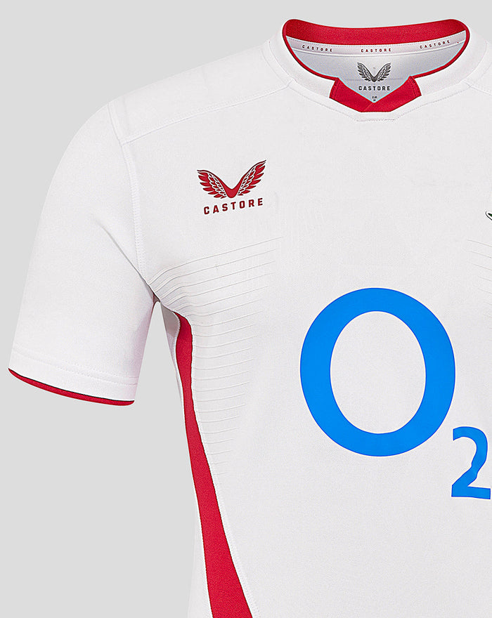 Close up of white England rugby shirt neck area showing red trim and Castore logo on the chest