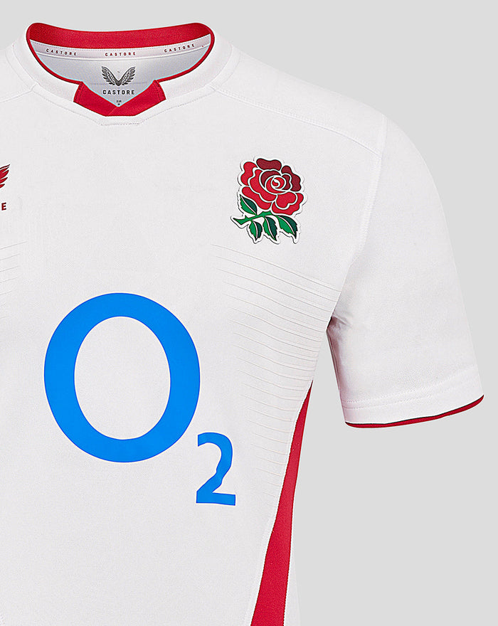 White England rugby home shirt with embossed front design blue O2 logo and rose crest on chest Castore branding and red collar trim
