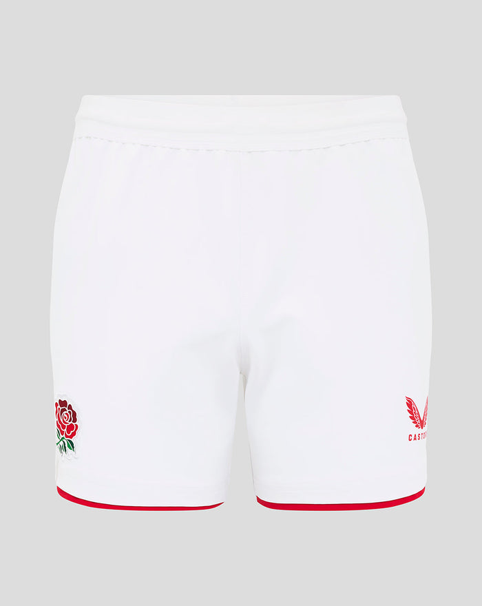 White England Rugby Home Pro Shorts front view with rose crest on left leg and O2 logo on the right leg and red trim at the hem