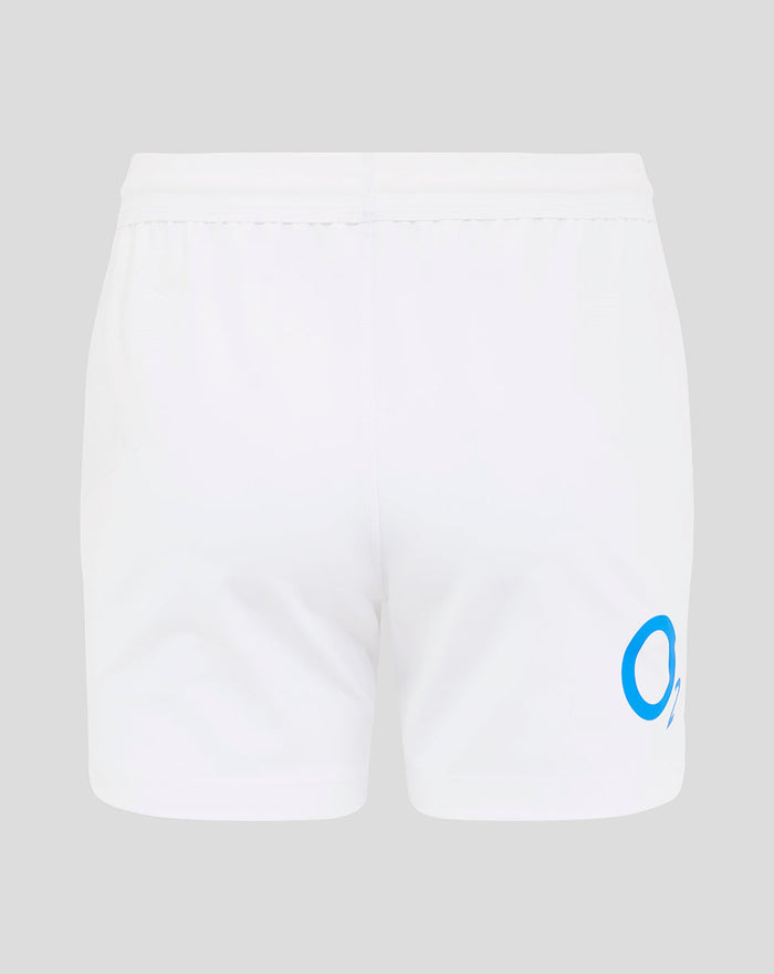 Back view of white England Rugby Home Pro Shorts with Castore crest on left thigh and O2 logo on back right thigh