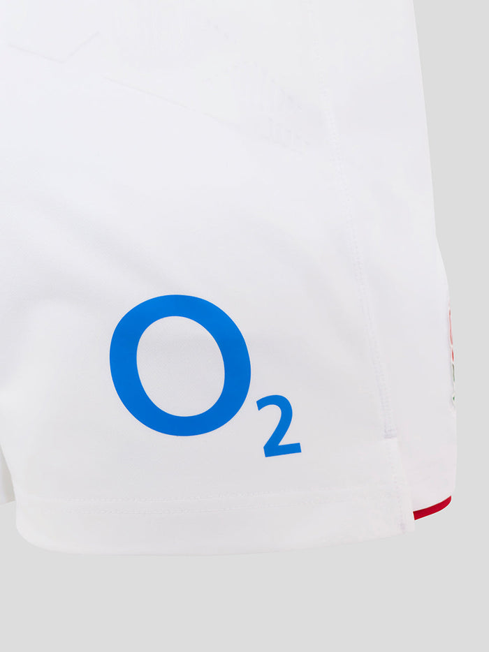 White England Rugby Home Pro Shorts close-up displaying large blue O2 logo on the leg and red hem trim