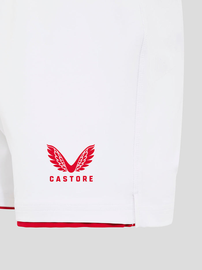 White England Rugby Home Pro Shorts close-up with red Castore crest on left thigh