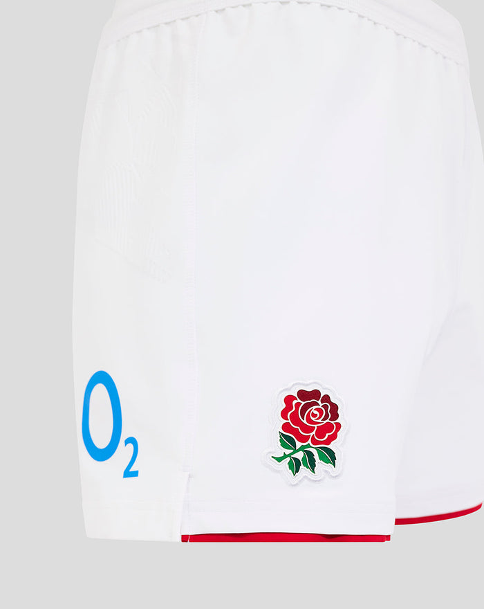 White England Rugby Home Pro Shorts close-up showing blue O2 logo and red rose crest on the leg