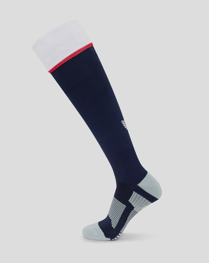 Full foot Peacoat navy England Rugby Home sock with white cuff red foldover and light grey heel and toe Castore logo