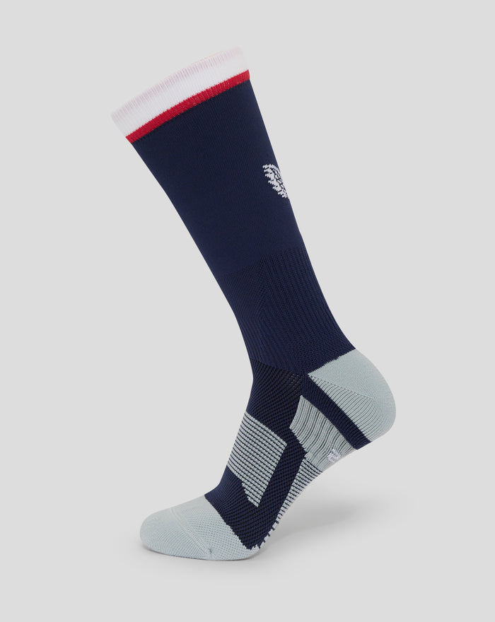 Junior England Rugby Home Mid Calf Sock navy peacoat with white foldover cuff and red tipping and a small white logo on the back leg
