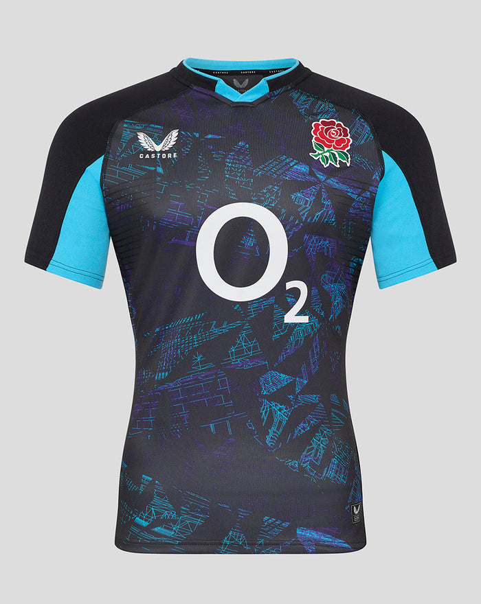 Front view of Men’s England Rugby Alternate Short Sleeve Pro Shirt in black with turquoise sleeves and large O2 logo.