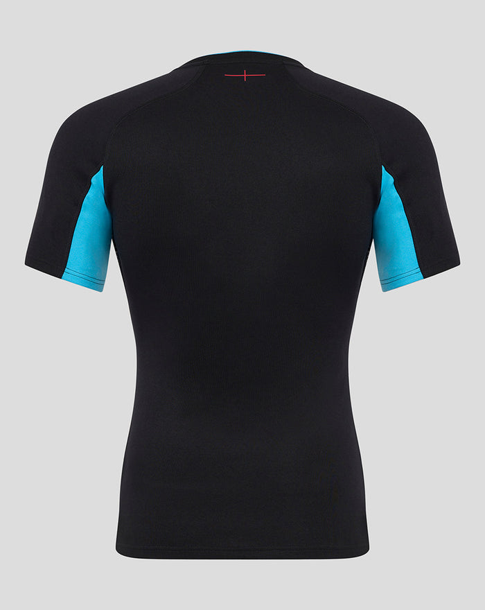 Back view of England Rugby alternate pro shirt with black torso and turquoise sleeve panels.