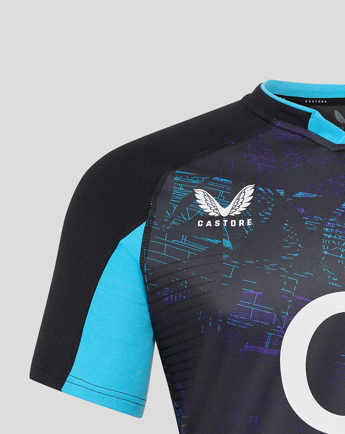 Front close up of Men’s England Rugby Alternate Short Sleeve Pro Shirt in black with turquoise sleeves and bold front graphic.
