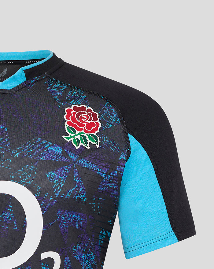 Close-up of shoulder and chest showing rose crest on front with turquoise sleeve detail on a black England rugby pro shirt.