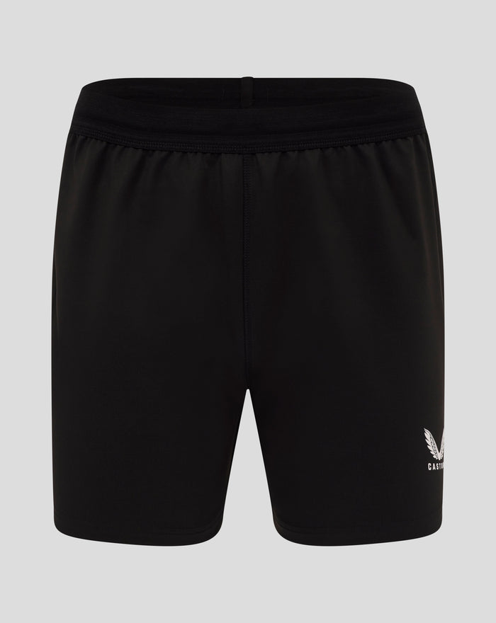Back view of black England Rugby Pro Shorts with elastic waistband and visible Castore crest and O2 logo on the thighs.