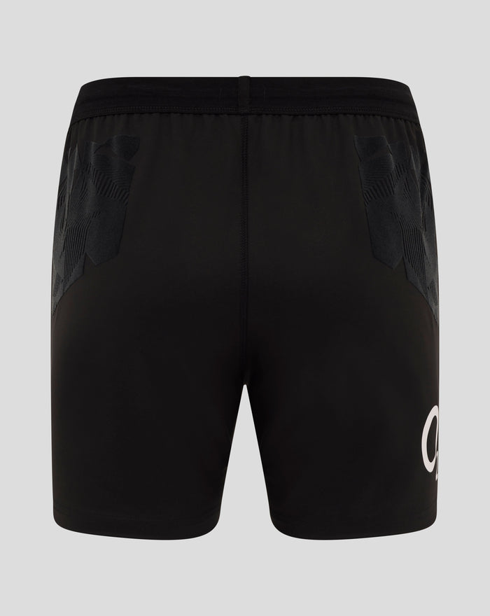 Back view of black England Rugby Alternate Pro Shorts showing a blue side panel and O2 logo on the back thigh