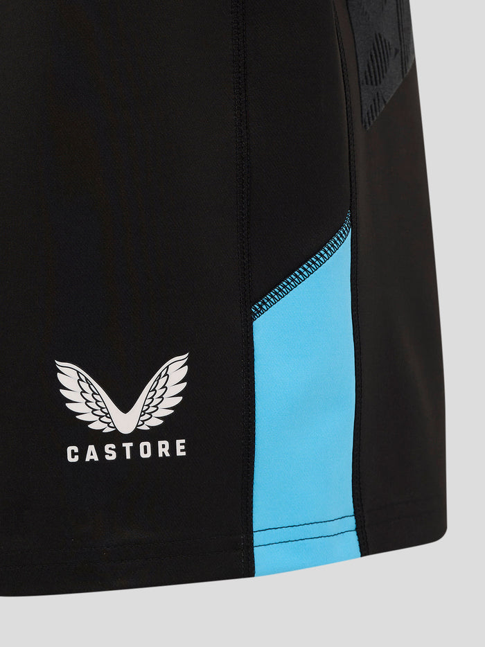 Close-up of black England Rugby Alternate Pro Shorts with a bright blue side panel and Castore logo on the thigh