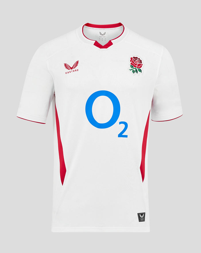 Front view of white Men’s England Rugby 25/26 Home Short Sleeve Shirt with red trim, rose crest left chest, O2 center logo, Castore logo right chest.