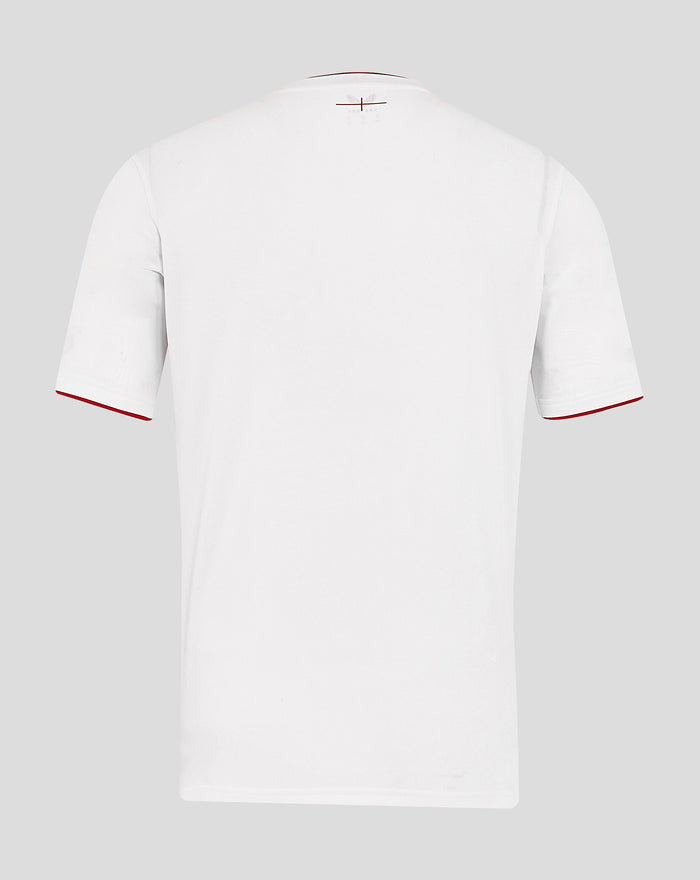 Back view of white Men’s England Rugby 25/26 Home Short Sleeve Shirt with red neck trim and visible shoulder seams.