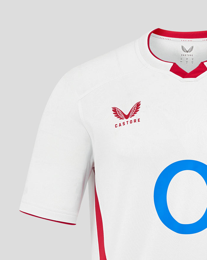 White England rugby home shirt with embossed front, red trim and rose crest on left chest plus O2 center and Castore right chest
