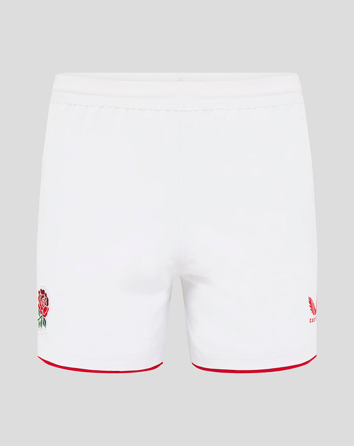 Back view of white England Rugby Home Shorts with red hem trim, rose crest on left thigh and O2 logo on back right thigh.