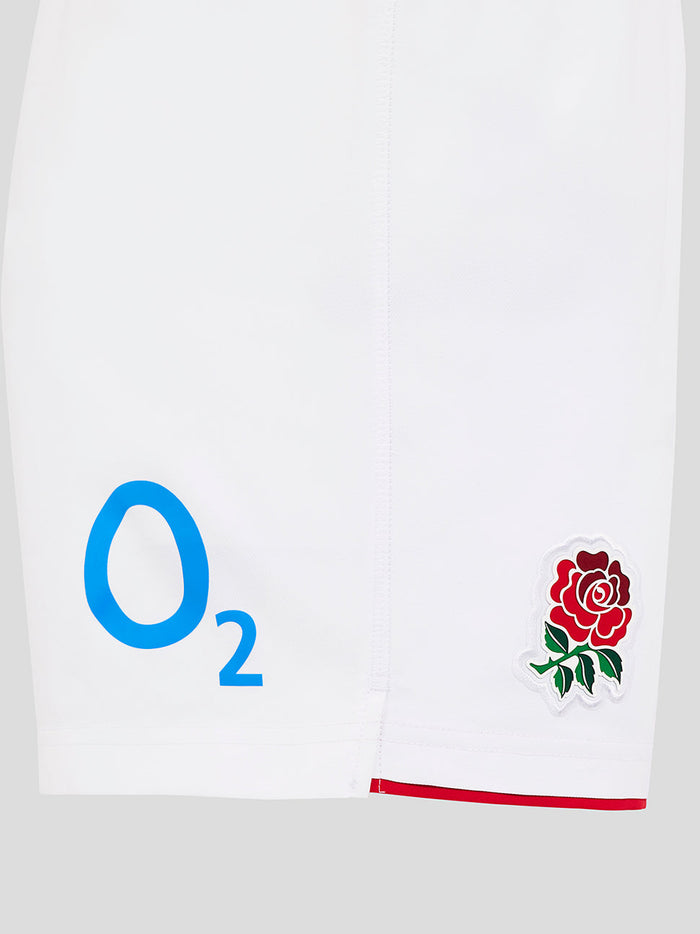 White England Rugby Home Shorts with O2 logo on back right thigh and rose crest on right thigh, Castore crest on left thigh with red trim.